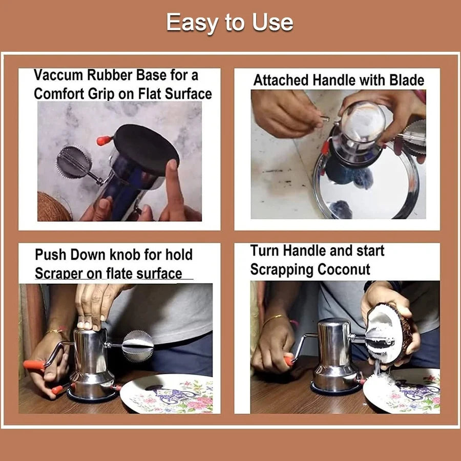 Coconut Scraper, Sturdy Stainless-Steel Body, Sharp Blades, Durable Tabletop Handy Kitchen Tool, Suction Base for Stability, Scraper Shredder Peeler, Safe & Quick, Silver