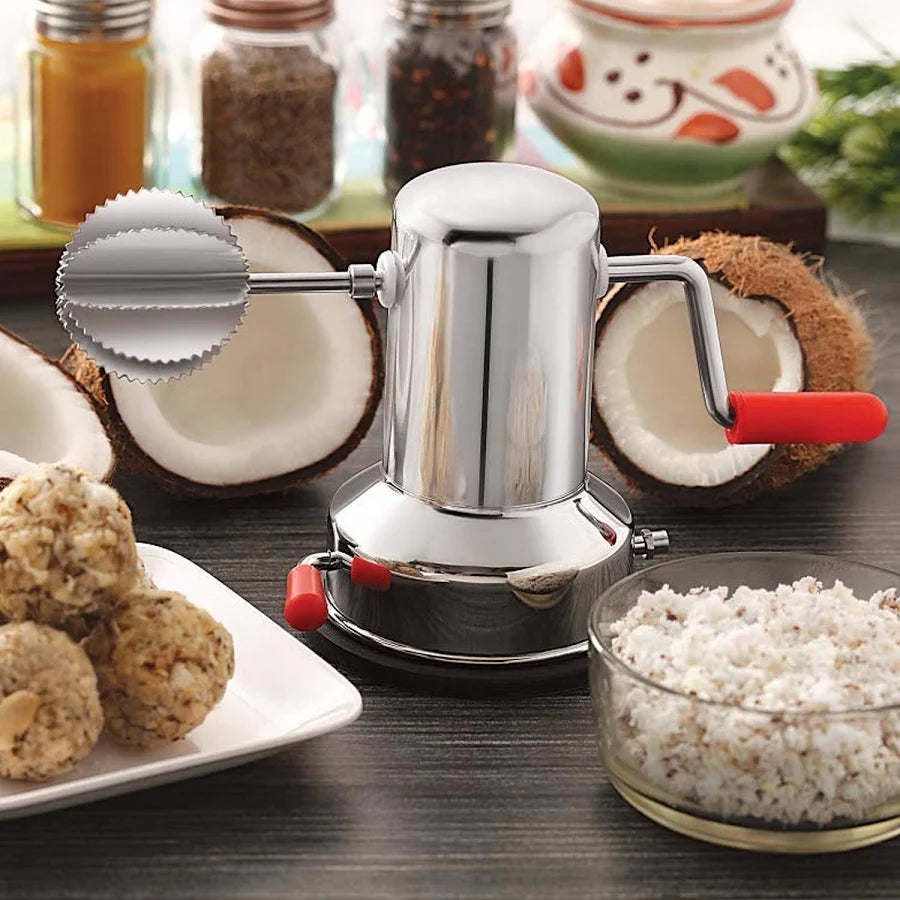 Coconut Scraper, Sturdy Stainless-Steel Body, Sharp Blades, Durable Tabletop Handy Kitchen Tool, Suction Base for Stability, Scraper Shredder Peeler, Safe & Quick, Silver